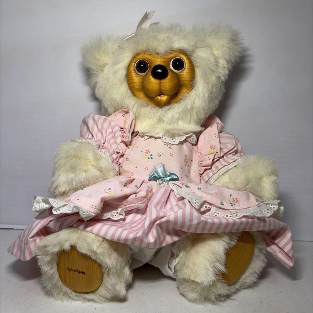 Vintage ROBERT RAIKES ORIGINAL Teddy Bear Wood Face Paws White Pink Dress